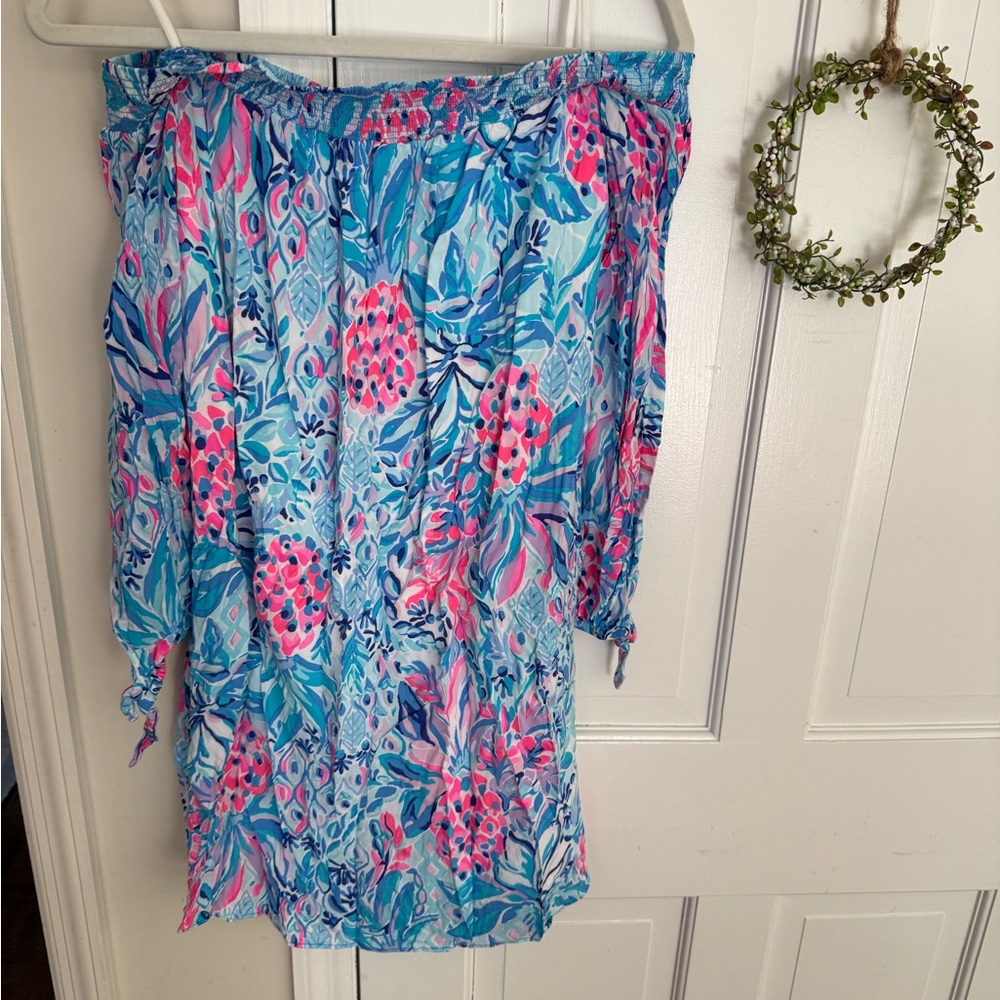 Lilly Pulitzer Blue and Pink Off-Shoulder Mini Dress